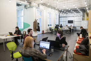 Digital nomads and remote workers at Liftoff Coworking in Budapest